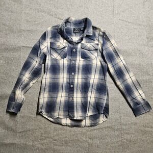 Burnside Boys Plaid Flannel Shirt Blue Cream Long Sleeve Button Up